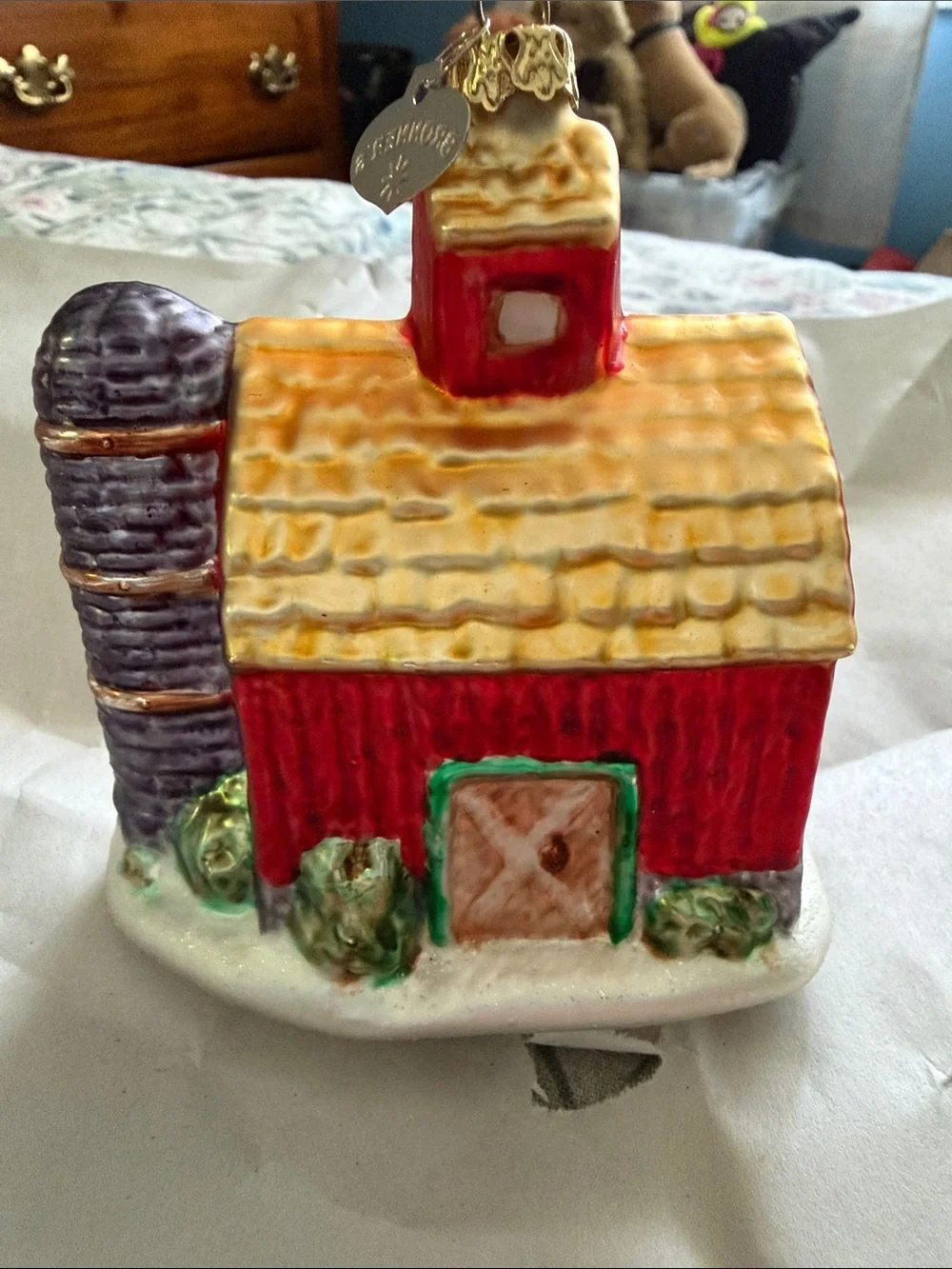 Bronners Glass Red Barn Ornament with Gold Roof